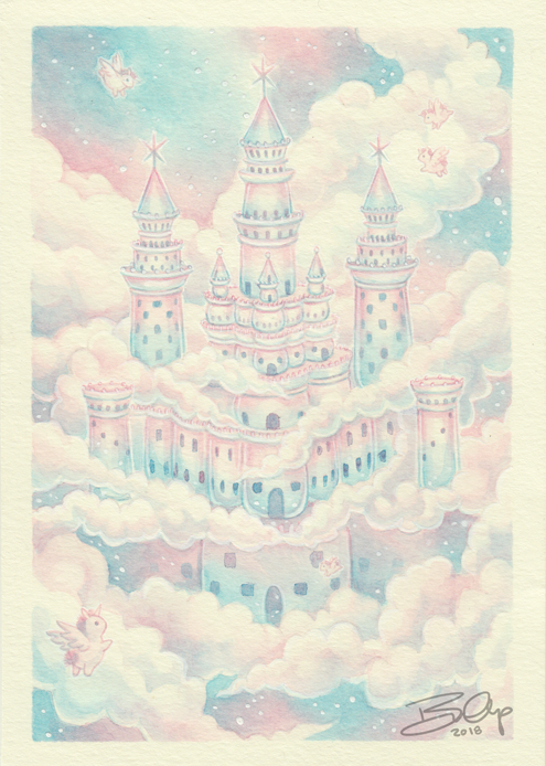 The Journey to Cloud CastleTurquoise and Cherry Red ink washes, 5x7I have a number of these larger-i