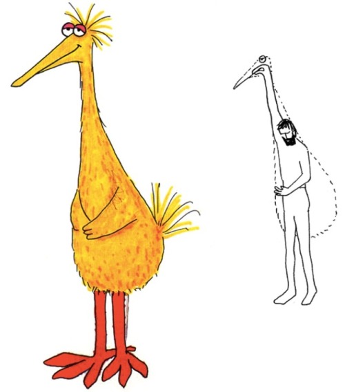 Big Bird design by Jim Henson (1969).On the right is Gourmet Bird (1963), an unused design for a com