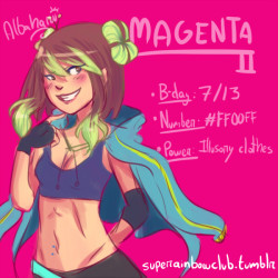 albaharu:  superainbowclub:  Here comes the first OC &lt;3 Name: Magenta Pèrssites  Power: Illusory clothes: She can look like she wears the clothes she wants, even when actyally she could be just dressed with a simple T-shirt and shorts (who is the