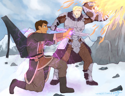 whinges:  A commission for colossally-fubar and horridfalafel of their Skyrim AU! I was more than pleased to get to draw the OTP doing some dragon fighting. 