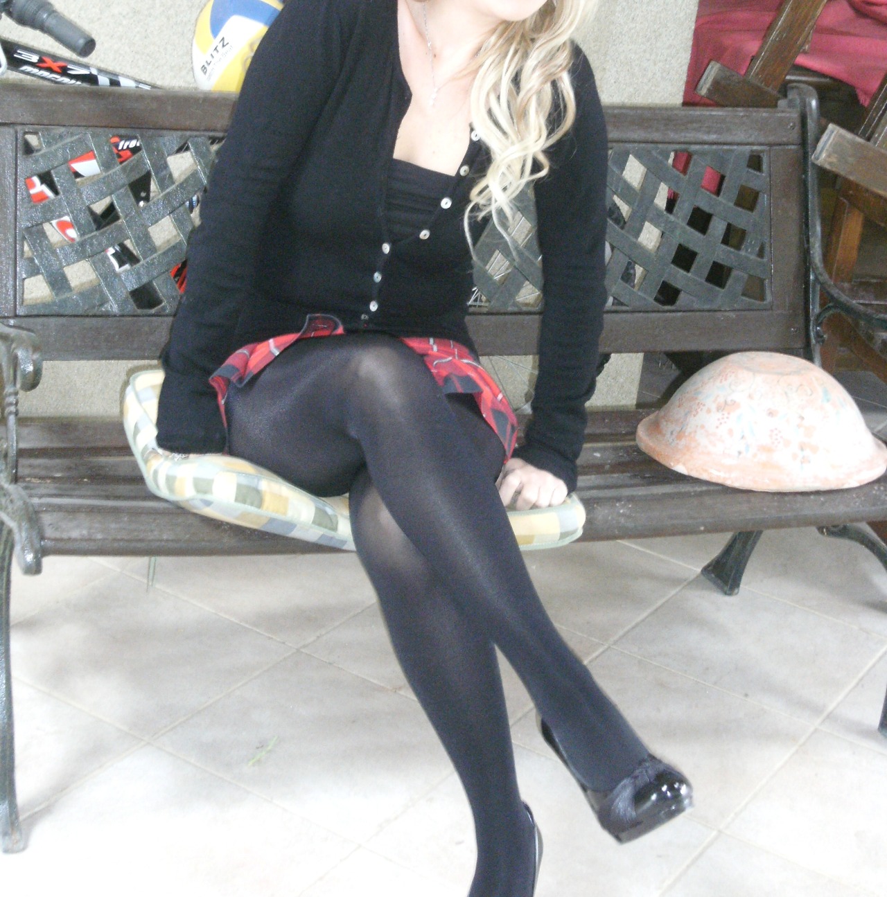 in-pantyhose:  Black opaque pantyhose and short plaid skirt for this sexy wife. Submission