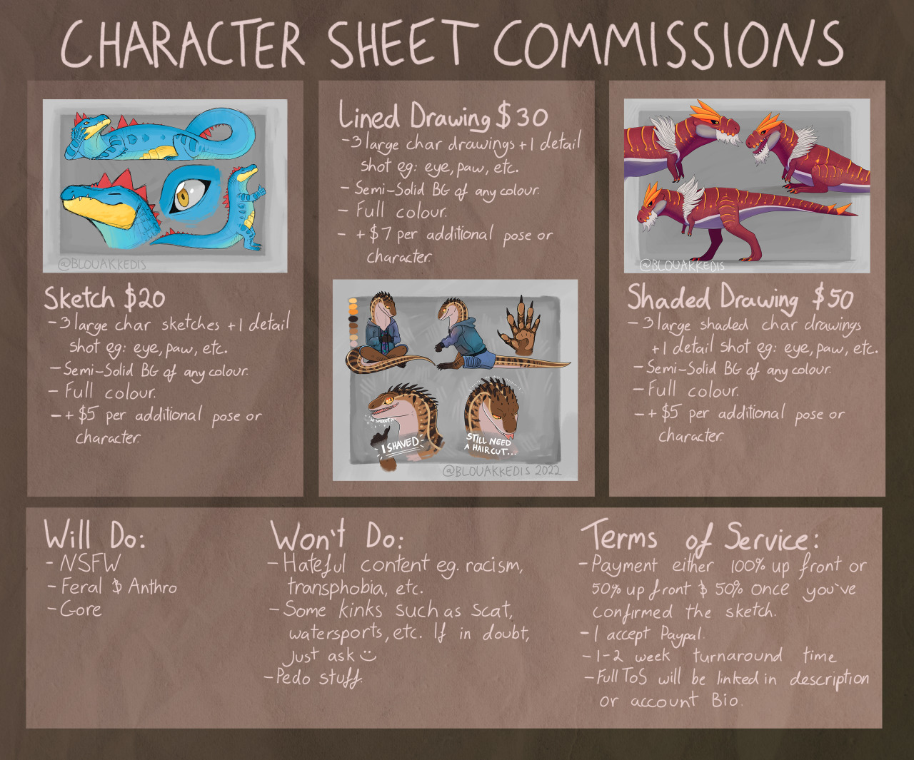 Hello there! Ive decided to open up character sheet commissions.
Please contact me either by dm or send me an email at blouakkedisart@gmail.com if you are interested or have any questions. All prices are in USD.Here are my ToS3/3 Slots open #commission#taking commisions#Furry Fandom#Furry Art#scalie#open commissions #maybe with some luck this can help support me and my beautiful snake  #im super excited and a bit nervous  #hopefully itll go okay :)  #oh and please lmk if any links are broken