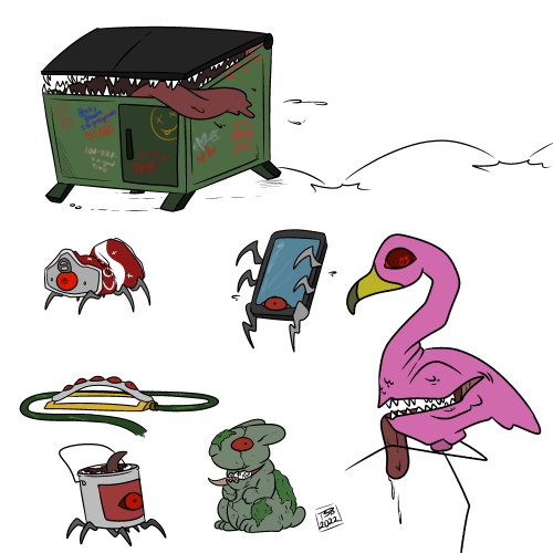 MIMIC PARTY!
My friend wrote a fic for our campaign about her character (Becky)’s Pet Mimic Mimi getting out of the house accidently and I decided to draw some Mimics you might see around town.
READ MIMI’S ESCAPE HERE