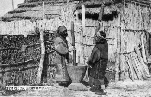 Three images of Taisho (1912-1926) JapanTop - A 1920s fire drillMiddle - Two ainu women with a morta