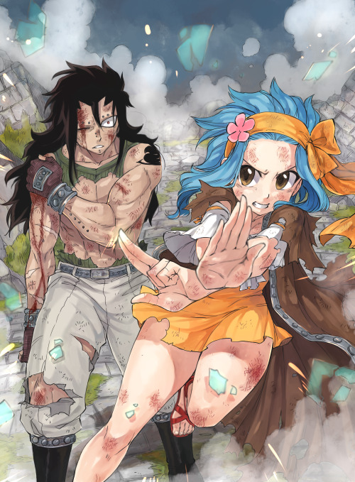 rboz:   Lucy & Levy protecting their men  As per request of enchantedphoenix, both girls are also wearing something from them. Lucy with Natsu’s scarf, and Levy is wearing Gajeel’s jacket.
