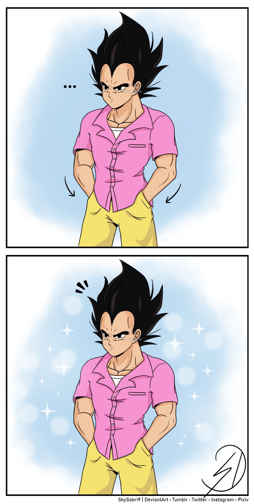 Comfy Pockets 

He never had pockets before, and now he's loving them. We know Vegeta. He's a sturdy, prideful, serious man. 