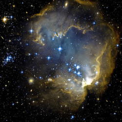 the-actual-universe:  theblackpotion:  Infant Stars  by Lumase on Flickr.  NGC 602. Check out the background galaxy to the lower left of center!