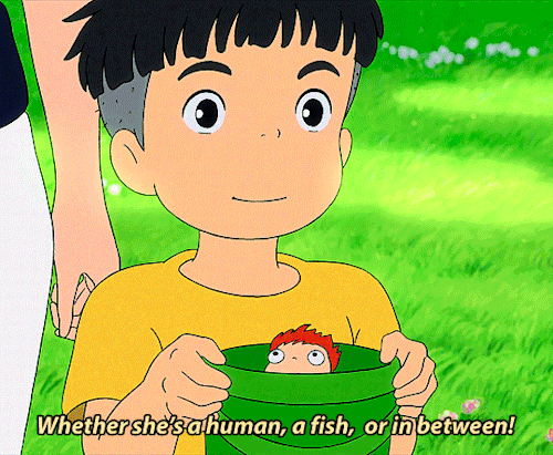 titlecard:Ponyo wanted to be like you, but she unleashed a terrible power. To become human, she must be loved for who she really is. PONYO — 崖の上のポニョ2008 | dir. hayao miyazaki