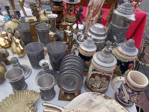 Merchandise offered on an antique market in the city Wroclaw, Poland.