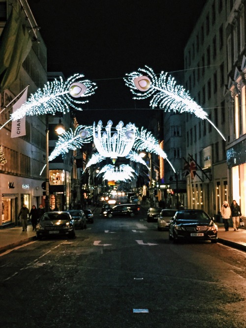 The streets of London, still lit up for Christmas.