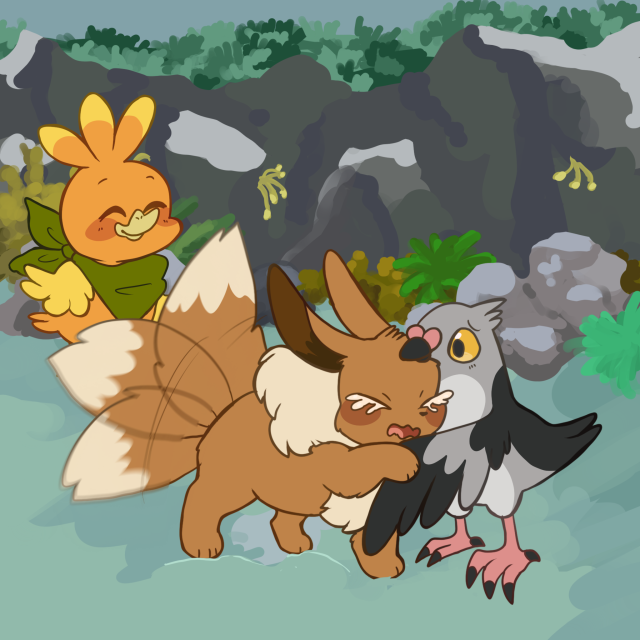 A torchic stands off to the side as an eevee and pidove embrace. Eevee's tail is blurred from going so fast and it's crying. 