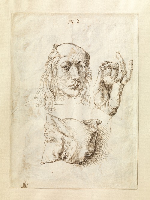 Albrecht Dürer’s Self-portrait, Study of a Hand and a Pillow (recto); Six Studies of Pillows (verso)