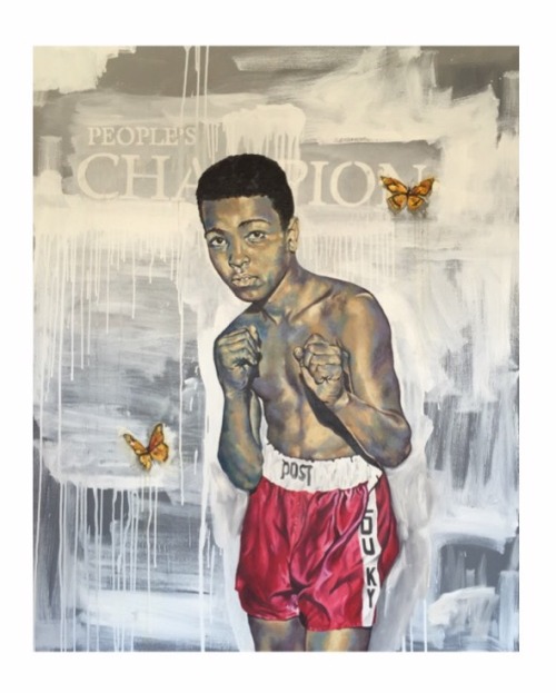 The People&rsquo;s Champion, a young Cassius Clay 48 X 60 in Oil and mixed media on canvas R. Peters