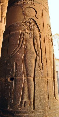 amntenofre:  Temple of the Goddess Isis at Philae,Outer Court, detail from one of the columns of the West Colonnade:the Goddess Sekhmet, lioness-headed, wearing the Solar disk with the uraeus, holding the ‘Ankh’ and the papyrus-scepter   