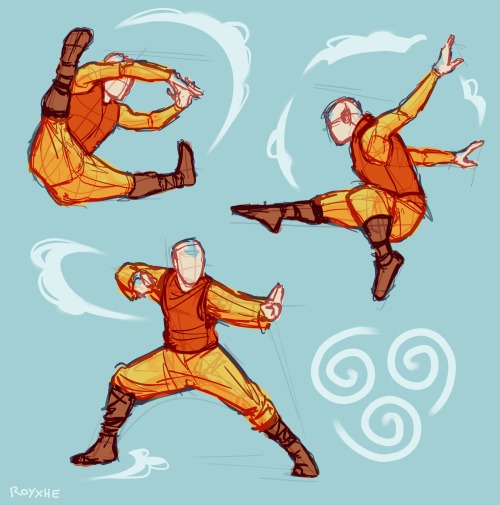 atladescribed:royxhe:Aang helps me doin pose exercises~[image description: three sketches of aang ai