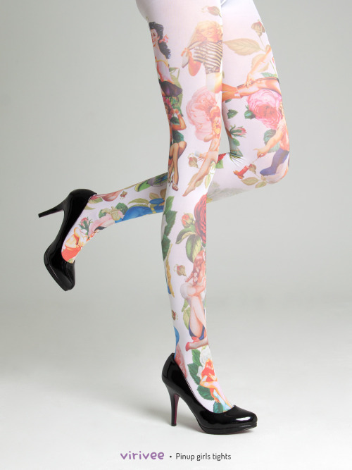 Pinup girls tightsWhite tights with pinup girls and roses print.Unique designSemi-opaque tightsT