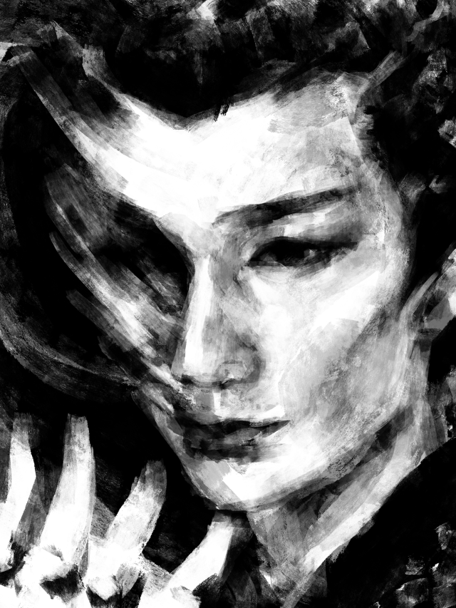 black and white pastel drawing of the scorpion king from word of honor. he smiles with his head tilted downward, half of his face smudged in streaks. his fingers point upwards, each with a ring.