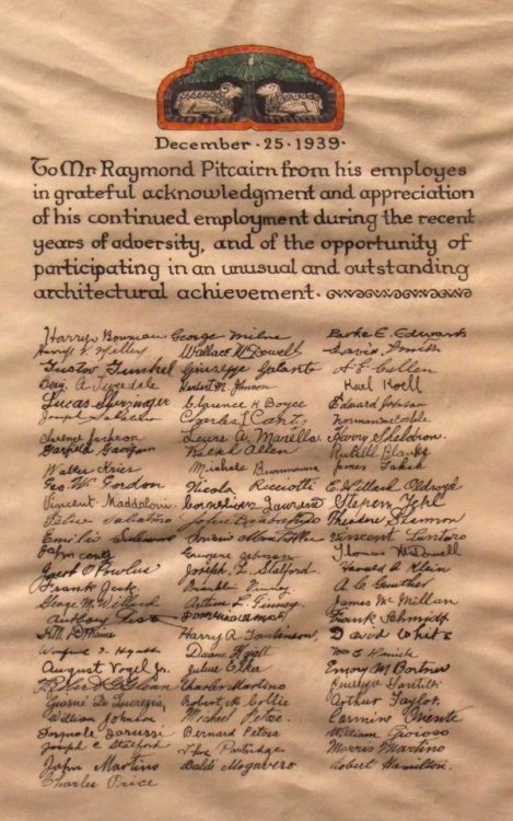 This letter to Raymond Pitcairn, dated December 25, 1939, was signed by dozens of his workmen, craft
