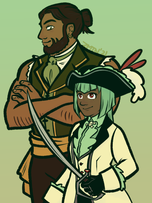 [image: RWBY fanart. Emerald, dressed as a pirate captain including coat and hat in her white, mint 