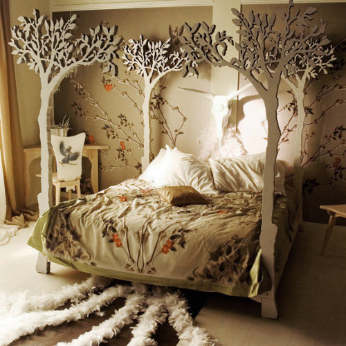 wickedclothes:  Apple Tree Canopy Bed Handmade to measurements. Hand-sanded and finished with white translucent wax. Dovetail joints and brass hardware attachments. Sold on Etsy. You might also enjoy this Forest Canopy Bed.