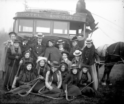 pasttensevancouver:  Field hockey players and Hotel Vancouver bus, ca. 1900 Source: City of Vancouver Archives #SGN 877