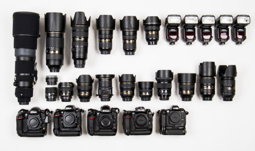 dallasphotographerkevinbrown:  From top left:Nikon 200-400mm f4, Nikon 80-400mm f4.5-5.6, Nikon 70-200mm f2.8, Nikon 24-70mm f2.8, Nikon 24-70mm f2.8, Nikon 14-24mm f2.8, Nikon SB 910, Nikon SB900 (four), Nikon 1.4X teleconverter, Nikon 16mm f2.8 fisheye,