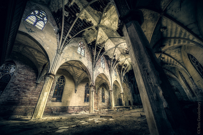 destroyed-and-abandoned:  The interior of a beautifully rotting Gothic Revival church.