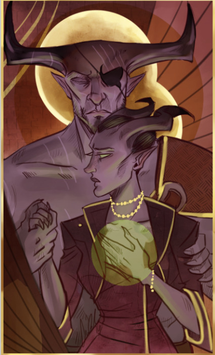 catbatart:Dragon Age tarot card style commission that’s been long due of a friend’s Adaar and The Ir