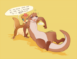 friskyfeathers:  heheh a response to Hal’s doodle here  where his ott has a bit too much to drink and poor little Dot, who can barely carry herself, has to care for him. x3drawing this pair is a lot of fun /)w(\ and i havent really done a back and