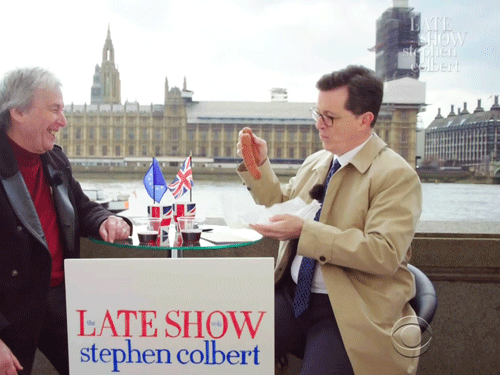 Stephen’s phallic snacks in front of the “Houses of Parliament” – fake b-roll version on The D