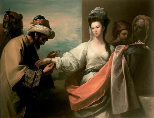 Isaac&rsquo;s servant trying the bracelet on Rebecca&rsquo;s arm, Benjamin WestMedium: oil,c