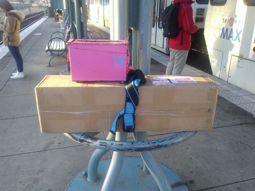 Waiting for a commuter train home with Godot. Yes, my purse is a pink amo box.