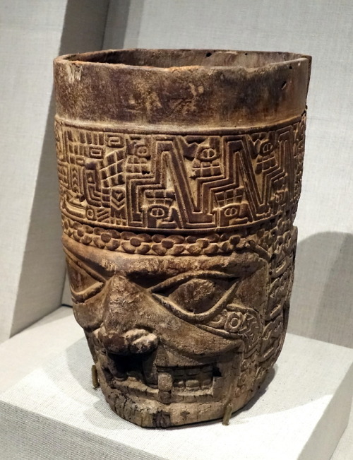Wooden kero (beaker-shaped vessel) of the Huari or Tiwanaku culture, in the Andes Mountains of prese