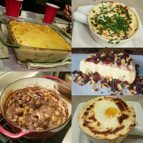 Coq au Vin. Leeks au gratin. Poached eggs a lá Charentaise. Baked brie. [1564 x 1564]