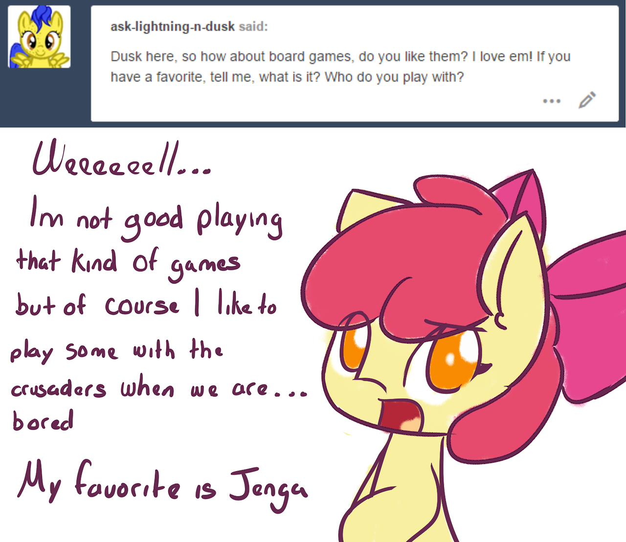 asklittleapplebloom: asklittleapplebloom:  AppleBloom answers RANDOM QUESTIONS (Part