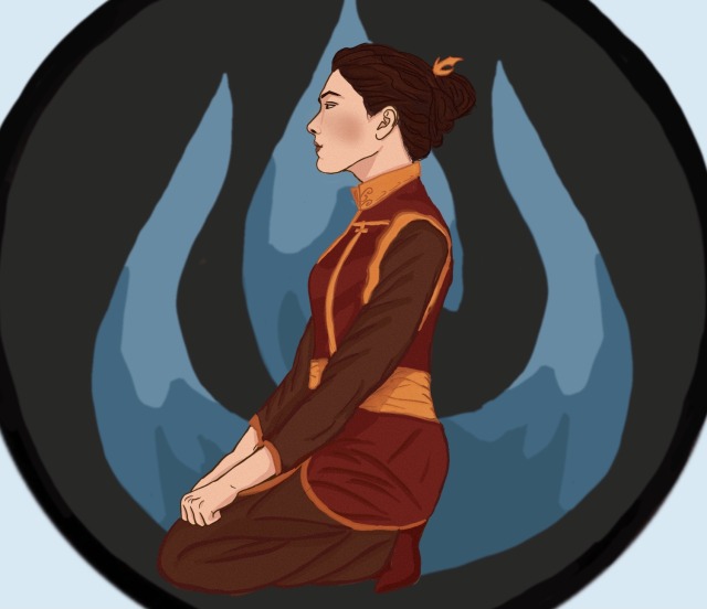 azula from avatar with a blue flame emblem background. she kneels with her hands in fists facing left, wearing red fire nation robes from season 3. her hair is in a bun and her expression is neutral