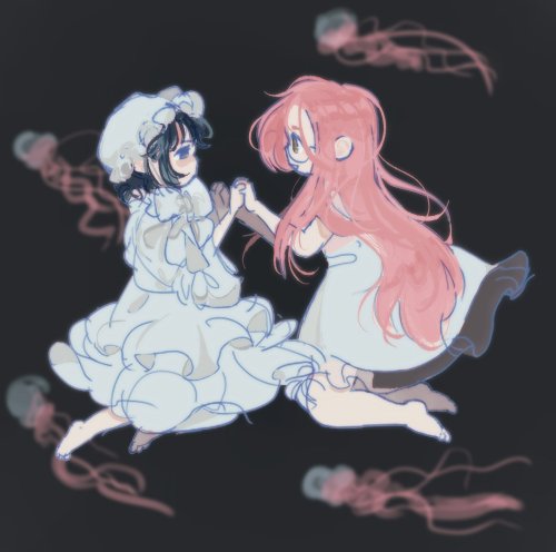 mizi and sua as children holding hands as they float in a dark space with jellyfish swimming around them. sua has a blank expression. She wears a ruffled dress and bonnet. mizi has a happy open expression. She has long pink hair and a floating dress.