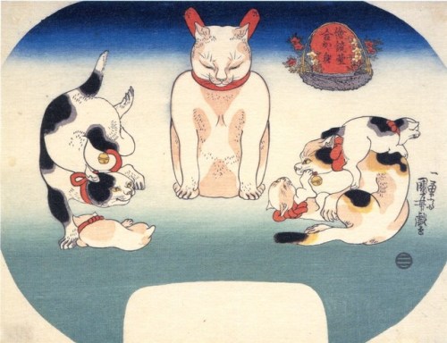 oldtimejapan:みみずく・獅子・般若面（真ん中、右、左の順)ちなみに、これは団扇絵なので、表裏で見るものらしい。Utagawa Kuniyoshi (1798-1861)— Mirror I