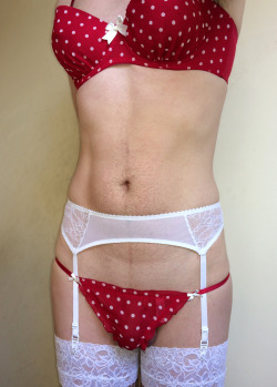 plikespanties:  Dressed for housework x Wow what a lovely submission. I love the red with white spots…..hot! 