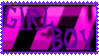 a pixelated stamp. it has a pink and black background. the words Girl Boy are written in lavender. made by @worm-heartz on tumblr.