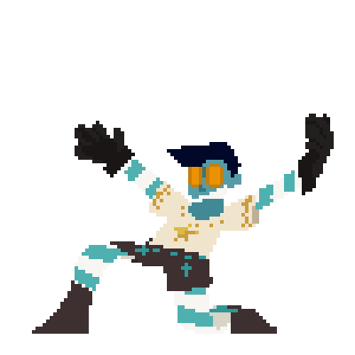 a pixel art looping gif of the Performer Archetype from the Future Superstars AU. He starts on one knee with his arms outstretched. He rises and crumples into a paper ball, and unfurls back into the pose. 
