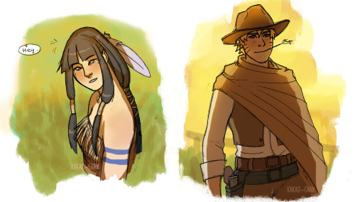 kakao-chan:  God, I loved this AU so much. I don’t even know anymore, I wanted to see a Native Hinata so… (she dresses both ways though). There’s so much more I wanna draw about them. T__T And Sasuke’s too hot in that vest