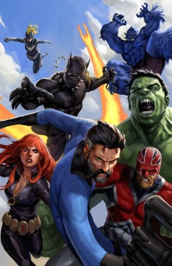 comicbookartwork:  MR. FANTASTIC, BLACK WIDOW, BLACK PANTHER, CAPTAIN BRITIAN, HULK, BEAST, AND CAPTAIN MARVEL