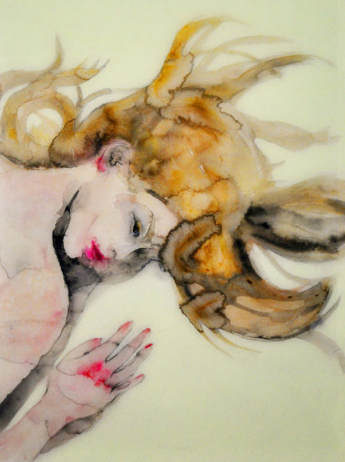 Sunbather III by Lisa Krannichfeld. Ink, watercolor and resin on paper and wood.| Exquisite art, 500