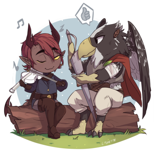 *uses my free time to drop some dnd doodles on yall*my tiefling Skainos and my buddys birb Rika o/
