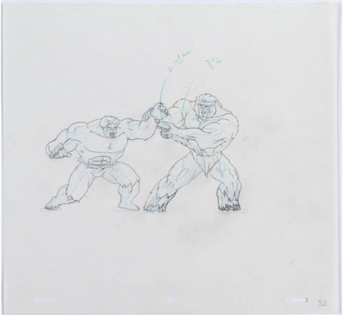 HULK IMITATES CREATION OF ADAM! Some animation cels, and their original drawings, from Marvel’s 1996