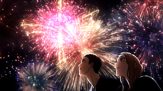 gif of marin and gojou under the fireworks dress up darling