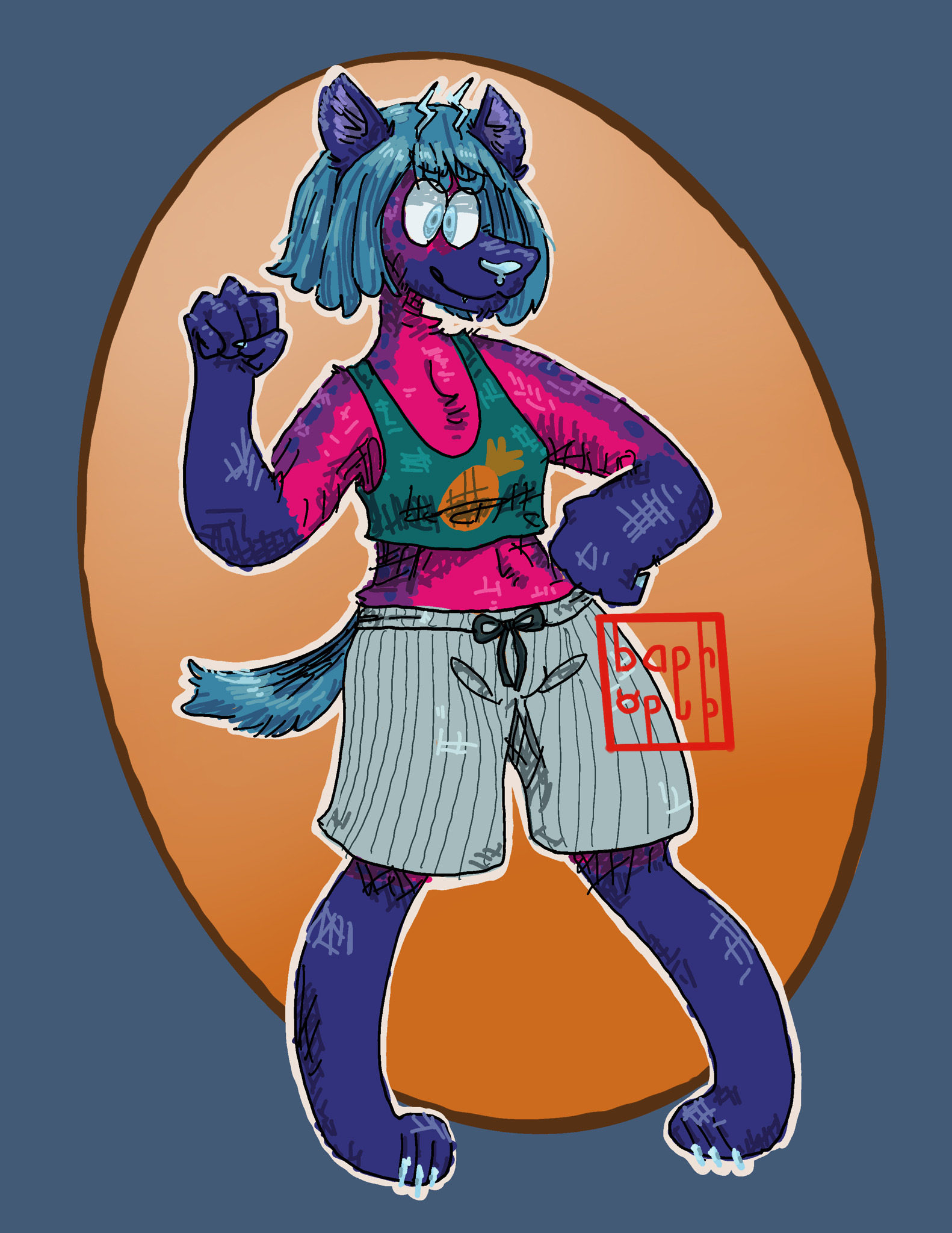 a purple anthropomorphic hyena strikes an energetic pose. her crop top has a pineapple on it.