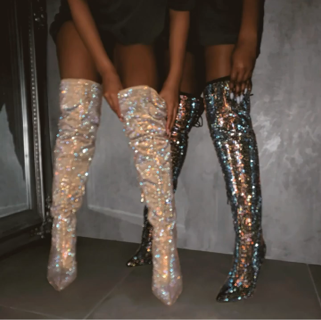 sparkly thigh high heels