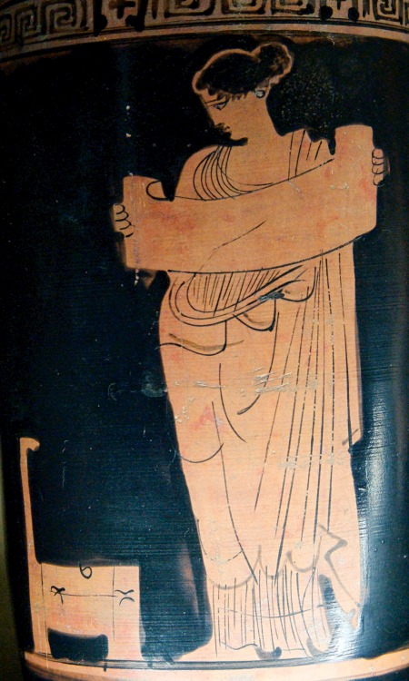 lionofchaeronea:A Muse reading a scroll.  Attic red-figure lekythos, attr. to the Klügmann Painter; 